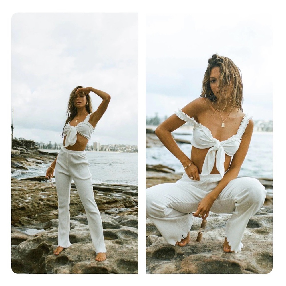 White Wide-Leg Knit Pants — Tie-Front Set